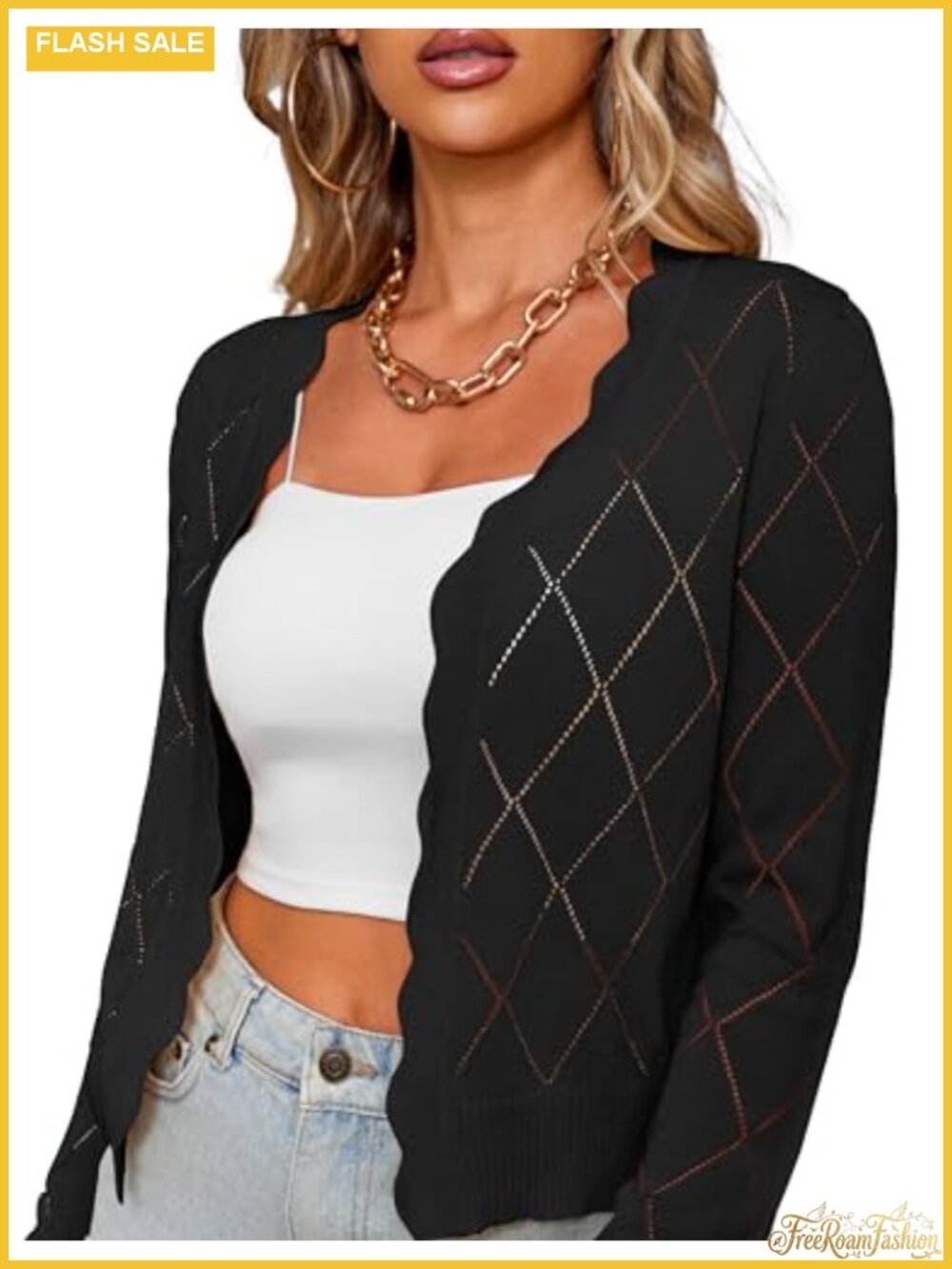 Lightweight Hollow Out Cropped Cardigan Sweater Open Front Long Sleeve Shrug